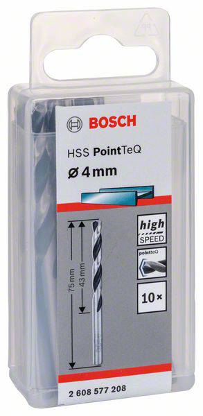 Confezione con punte Bosch HSS PointTeQ, diametro 4 mm, ideali per applicazioni ad alta velocità, contiene 10 pezzi.