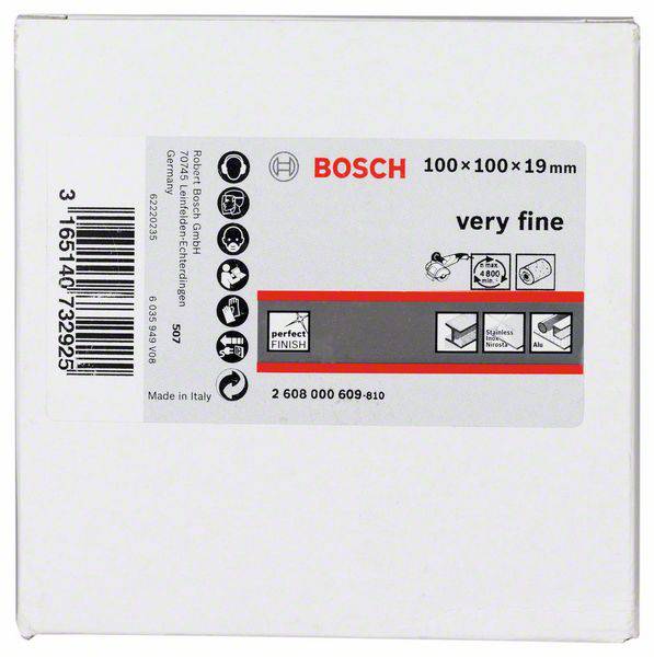 Etichetta su una confezione Bosch con la scritta 'very fine', mostra carta abrasiva, dimensioni 100x100x19mm, prodotta in Italia.