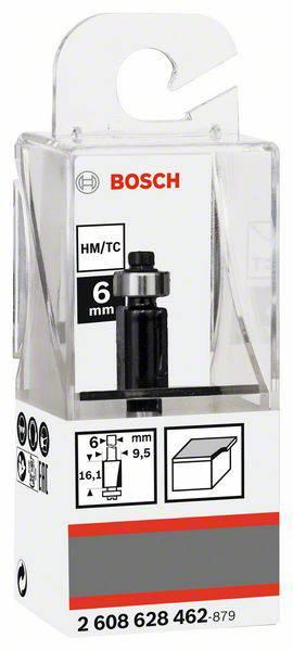 Confezione di una fresa Bosch da 6 mm di diametro. Contiene un'immagine dell'utensile, specifiche tecniche e il logo Bosch.