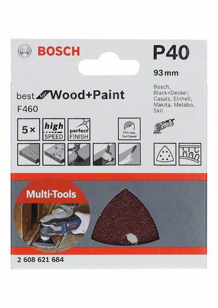 Confezione di carta abrasiva Bosch P40 per utensili multifunzione, 93 mm. Adatta per legno e vernice. Contiene cinque fogli abrasivi, ideali per alta velocità e finitura precisa.