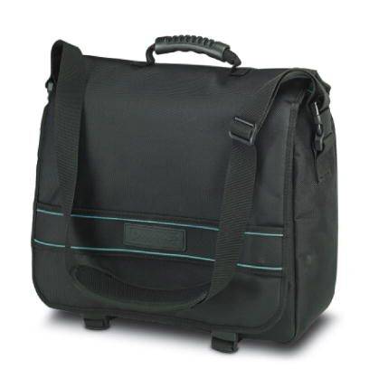 Borsa a tracolla nera con manico e cinghia regolabile, adatta al trasporto di oggetti personali.