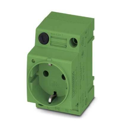 Una presa elettrica verde con contatto di terra conforme agli standard europei, idonea al montaggio su guida DIN.