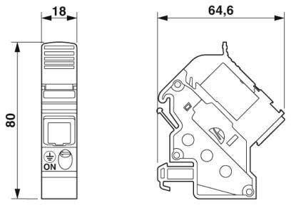 'Disegno di un interruttore di protezione con dimensioni: altezza 80 mm, larghezza 18 mm, profondità 64,6 mm. Vista frontale e laterale.'
