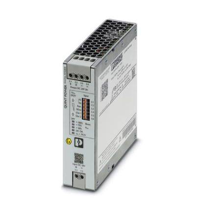 Alimentatore switching di Phoenix Contact con feritoie di ventilazione e morsetti di connessione, montabile su guida DIN. Adatto per applicazioni industriali.