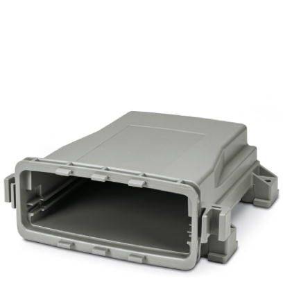 Contenitore rettangolare grigio in plastica privo di coperchio. Adatto per raccogliere e conservare componenti meccanici o elettronici.
