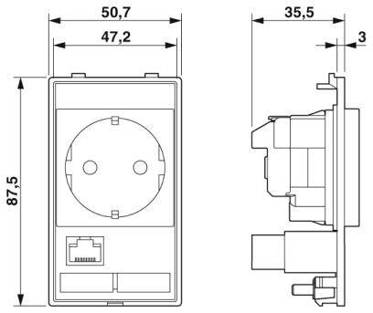 Disegno tecnico di una presa elettrica con dimensioni: larghezza 50,7 mm, altezza 87,5 mm, profondità 35,5 mm. Mostra la vista frontale e laterale.