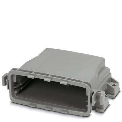 Un involucro rettangolare grigio in plastica con apertura ed elementi di fissaggio sui lati, adatto per elettronica o cavi.