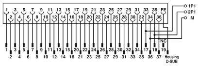 Diagramma di un connettore D-SUB a 37 pin, con pin numerati da 1 a 37. Linee di connessione a FE, 1P1, 2P1, M e NC mostrate.