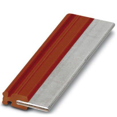 Inserimento metallico per guide in rosso e argento, utilizzato per connessioni elettriche o fissaggio in applicazioni tecniche.