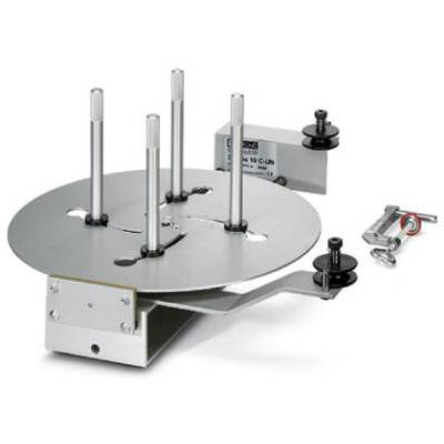 Un supporto rotondo in metallo con quattro aste verticali e una morsa laterale, utilizzato per il fissaggio e l'allineamento di dispositivi tecnici.
