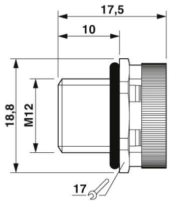Disegno tecnico di una vite: Filettatura M12, lunghezza 18,8 mm, diametro 17,5 mm, profondità della filettatura 10 mm. Vista in sezione.