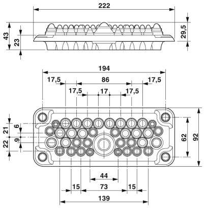 Disegno tecnico di un connettore con misure in millimetri, che mostra la vista dall'alto e la vista laterale. Le dimensioni e le posizioni dei fori sono contrassegnate.
