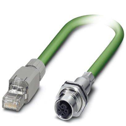 Un cavo Ethernet verde con connettori RJ45 e rotondi. Collega dispositivi in reti, supportando trasferimenti dati veloci.