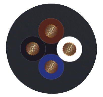 Cavo multicolore con fili rotondi codificati a colori: nero, marrone, blu e bianco, su sfondo nero.