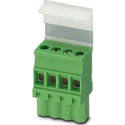 Un connettore verde a quattro poli con coperchio protettivo bianco rimovibile, idoneo per connessioni elettriche in applicazioni industriali.