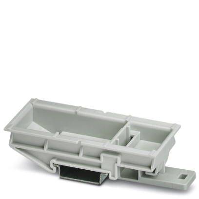 Un supporto rettangolare grigio in plastica con più scompartimenti e una guida di montaggio, utilizzato per organizzare o fissare oggetti.