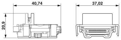 Disegno tecnico di un connettore, mostra la vista laterale e frontale con le seguenti dimensioni: larghezza 40,74 mm, altezza 20,9 mm, profondità 37,02 mm.