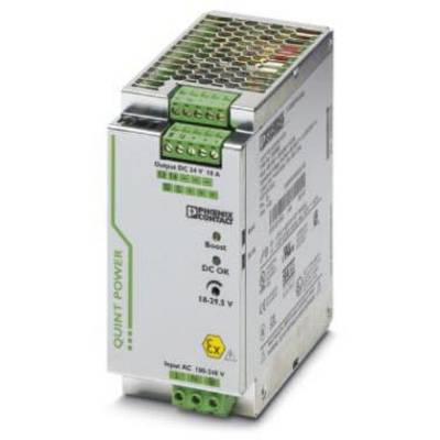 Unità di alimentazione con connettori verdi e grigi, marchio 'QUINT POWER', campo di tensione da 100-240 V, uscita 24 V, 10 A.
