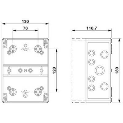 Disegno di un involucro rettangolare con dimensioni: larghezza 130 mm, altezza 180 mm. Diversi fori e punti di fissaggio sono contrassegnati.