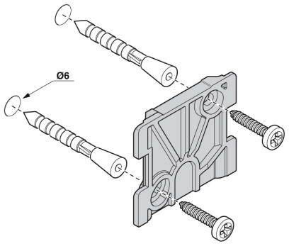Illustrazione di un'istruzione di montaggio: Due tasselli e viti vengono inseriti in una piastra. La piastra ha tre fori.