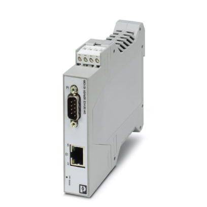 Un modulo gateway Ethernet grigio, rettangolare, con porta RS-232 e porta Ethernet sul lato frontale, utilizzato in impianti industriali.