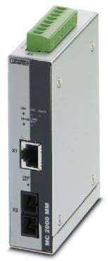 Modulo di rete industriale con connessioni Ethernet e fibra ottica, indicatore LED per funzionamento e diagnostica, blocco di connessione verde in alto.
