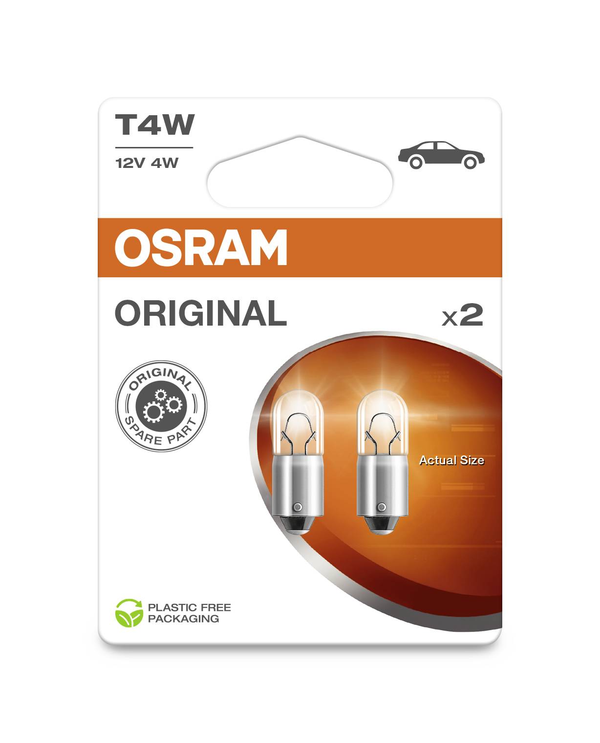 Due lampadine T4W 12V 4W su una confezione OSRAM, contrassegnate come 'Ricambio originale' e 'Confezione priva di plastica'.