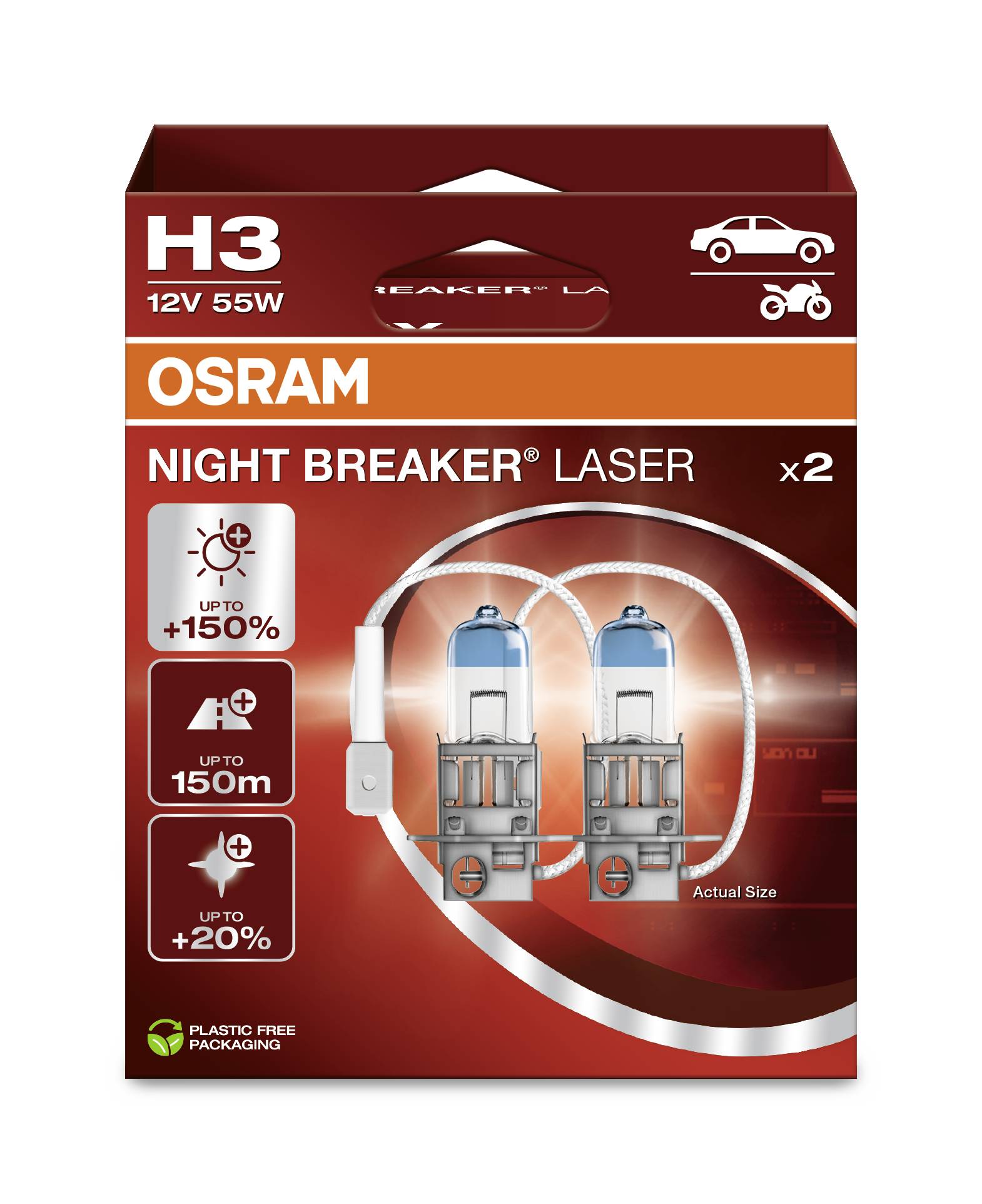 La confezione mostra due lampadine alogene 'OSRAM NIGHT BREAKER LASER' per auto con fino al 150% di luminosità in più e una portata di 150 m.