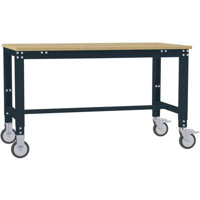 Tavolo da lavoro con telaio in metallo, superficie in legno e quattro ruote, adatto per officine e ambienti di lavoro flessibili.