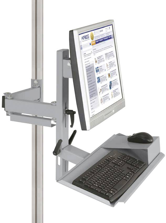 Supporto di montaggio su un palo verticale; su di esso un monitor con un browser web aperto, sotto di esso una tastiera e un mouse.