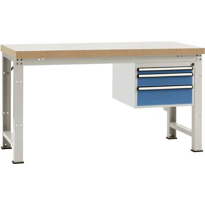 Tavolo in metallo con piano in legno, tre cassetti blu sul lato destro.
