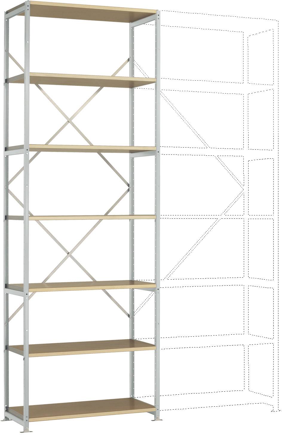 Scaffalatura metallica con sette ripiani in legno a sinistra, con linea tratteggiata di espansione a destra.