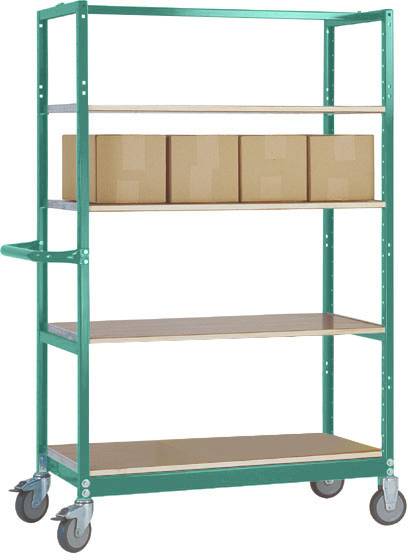 Un carrello verde con quattro ripiani. Sul secondo ripiano ci sono quattro scatole di cartone. Il carrello ha quattro ruote.