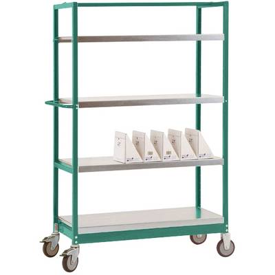 Uno scaffale metallico mobile con quattro ripiani. Sul terzo ripiano sono posizionate diverse cartelle bianche con etichette.