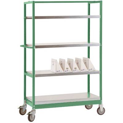 Un carrello verde con quattro ripiani; sul terzo ripiano sono posizionate diverse cartelle bianche una accanto all'altra.