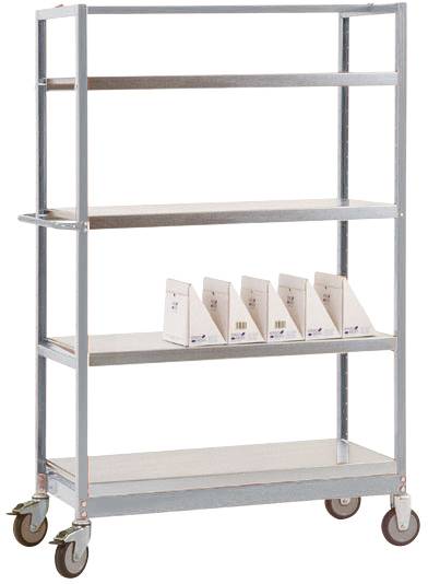 Scaffalatura metallica su ruote con quattro ripiani. Su uno degli scaffali sono posizionate cinque cartelle bianche. Adatto per forniture da ufficio o magazzino.