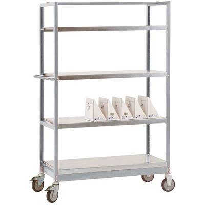 Scaffalatura metallica su ruote con quattro ripiani. Su uno degli scaffali sono posizionate cinque cartelle bianche. Adatto per forniture da ufficio o magazzino.