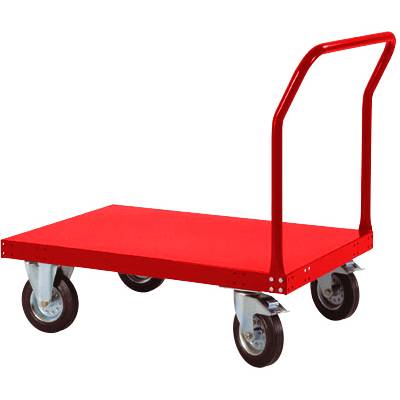Un carrello rosso con quattro ruote e un manico per il trasporto di carichi.