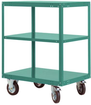 Scaffale verde su ruote con due ripiani, adatto per il trasporto mobile di oggetti.