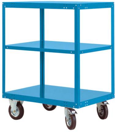 Un carrello metallico blu con due ripiani e quattro ruote.