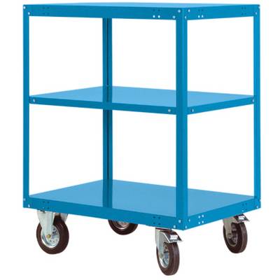 Un carrello metallico blu con due ripiani e quattro ruote.
