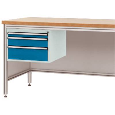 Scrivania da ufficio con tre cassetti blu e bianchi sul lato sinistro. Piano in legno e gambe in metallo.