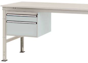Un tavolo bianco con due cassetti color beige sul lato sinistro, fissati a un telaio metallico stabile.