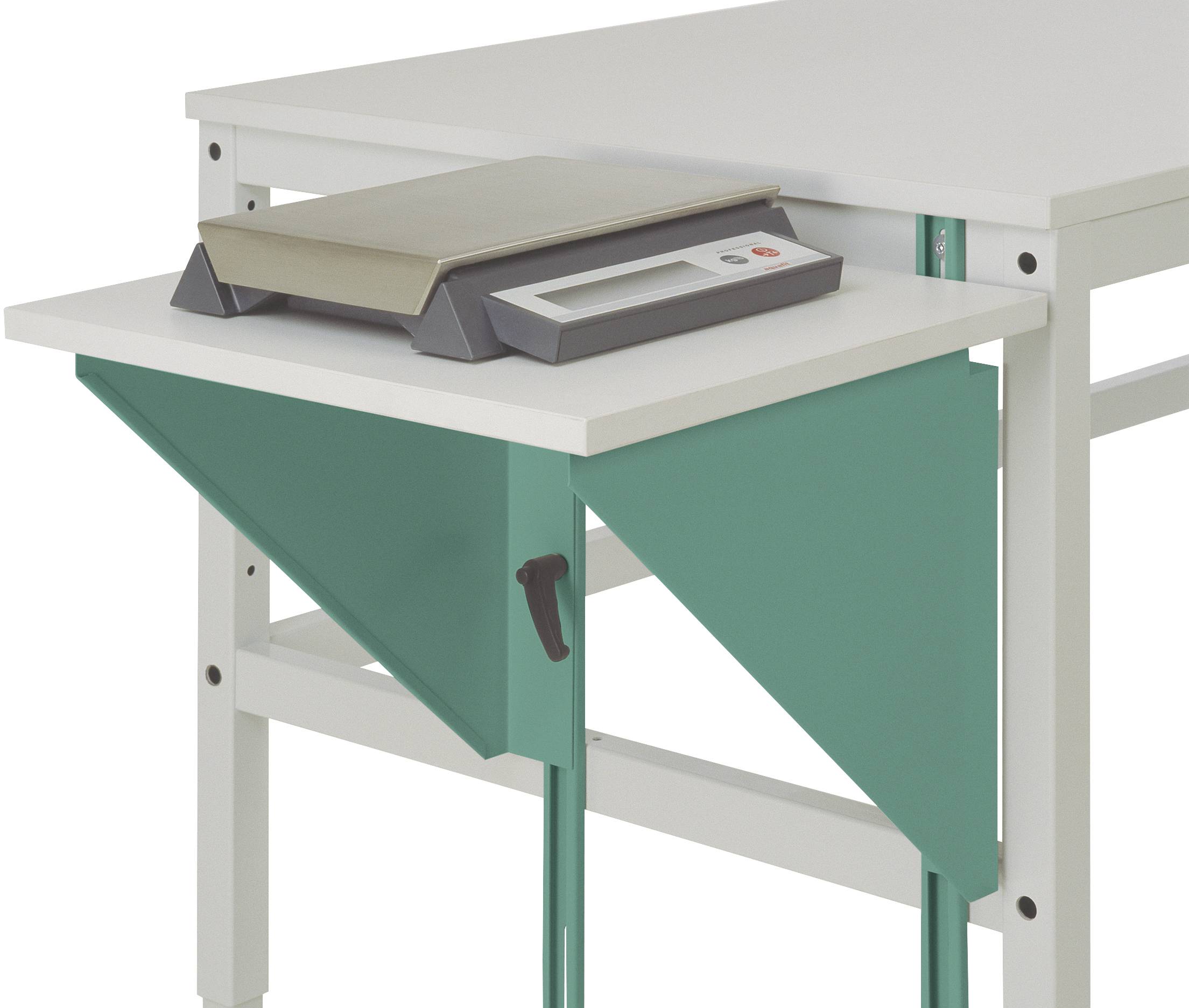 Un tavolo bianco con una bilancia digitale integrata su un ripiano laterale e un supporto pieghevole in ferro verde.