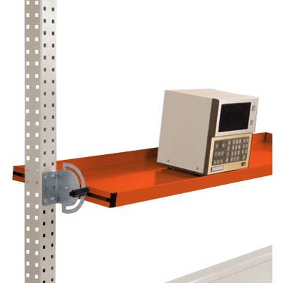 Un computer con tastiera e schermo è posizionato su uno scaffale arancione, fissato a un supporto in metallo grigio.