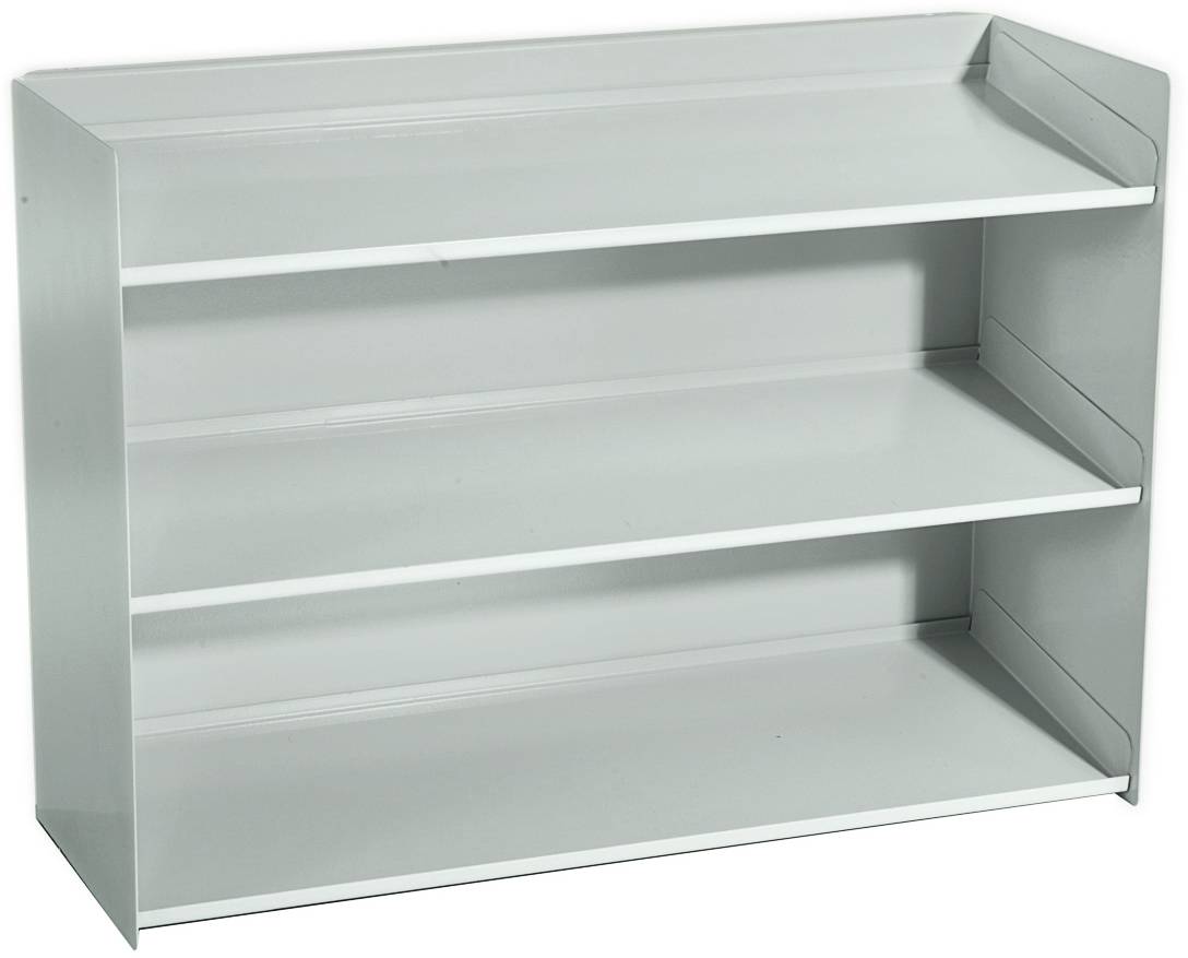 Scaffale in metallo grigio con tre ripiani aperti, adatto per conservare libri o oggetti in case o uffici.