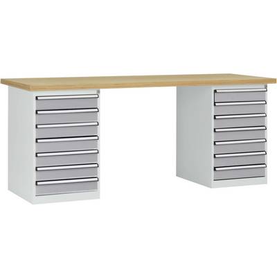 Un tavolo da lavoro con un piano in legno e due supporti in metallo, ciascuno con cinque cassetti grigi. Perfetto per uso ufficio o officina.