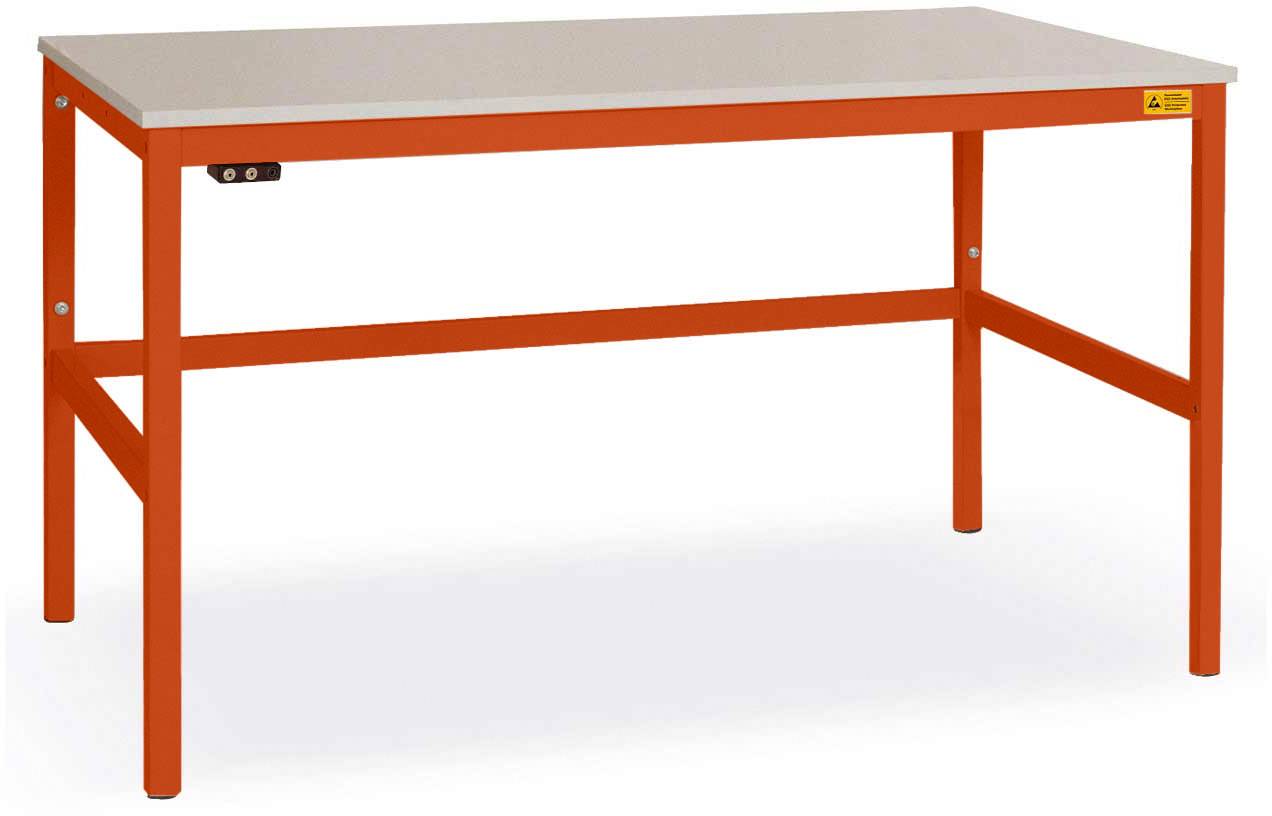 Un tavolo stabile con una superficie bianca e un telaio metallico arancione, ideale per lavori di officina o hobbistica.