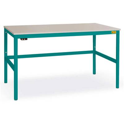 Un tavolo stabile con piano bianco e struttura in metallo verde, adatto per l'uso in officina o in laboratorio.
