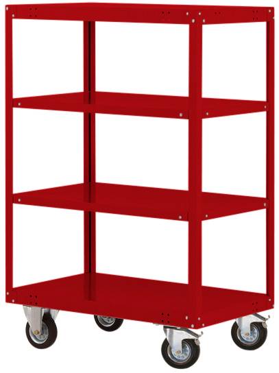 Scaffale metallico rosso con quattro ripiani e quattro ruote girevoli.